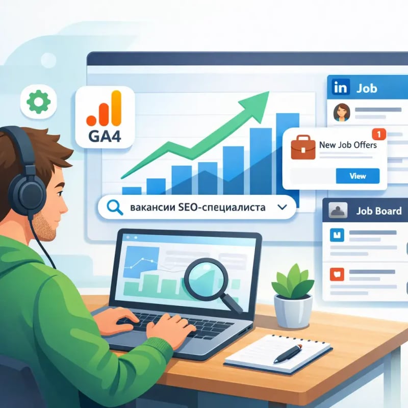SEO-фахівець шукає вакансії: ноутбук, графіки та дошки оголошень